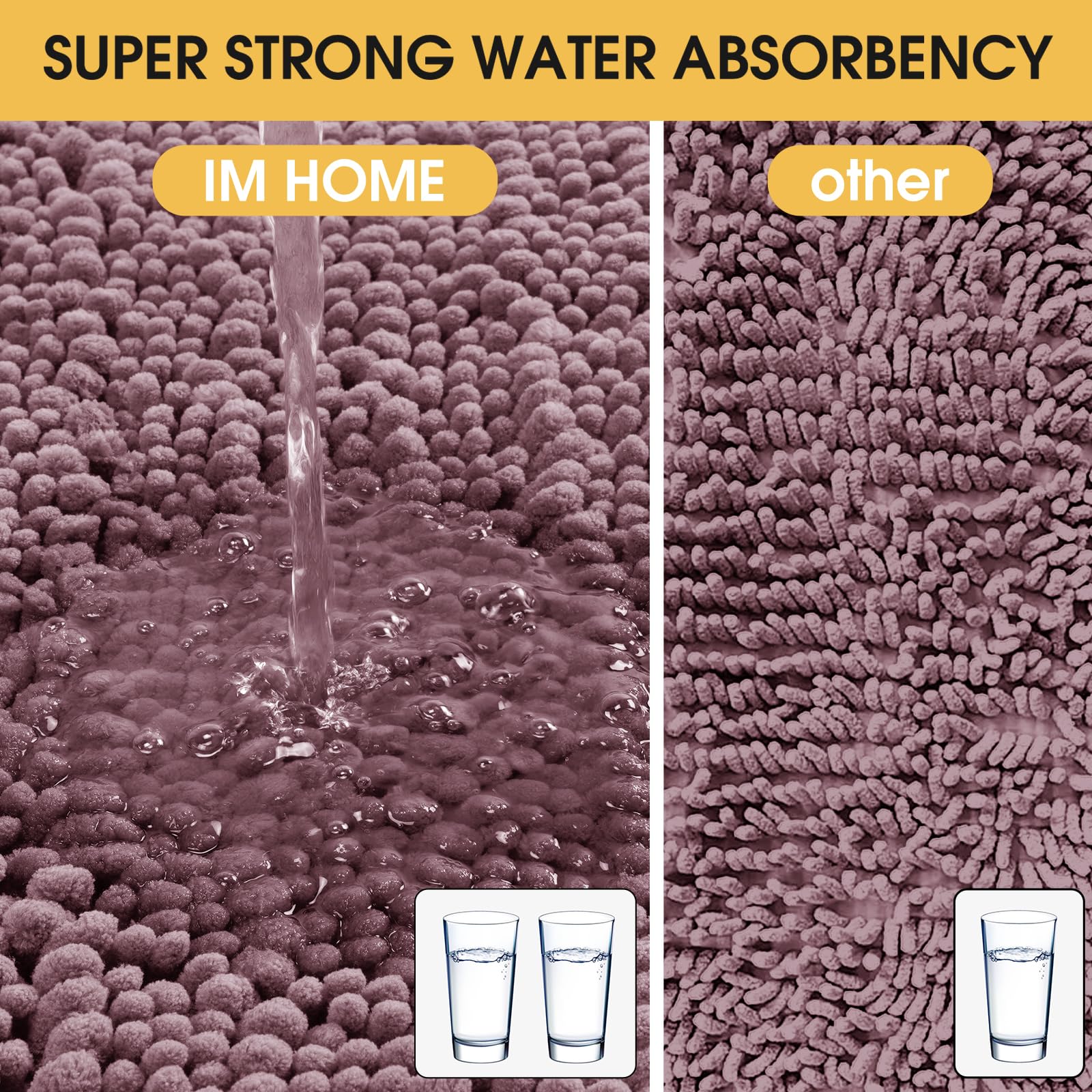 Accumtek Upgrade Extra Large Mauve Bathroom Rug Set 3 Pieces Ultra Soft, Thick Absorbent Bath Mats, Non Slip Chenille Toilet Mat